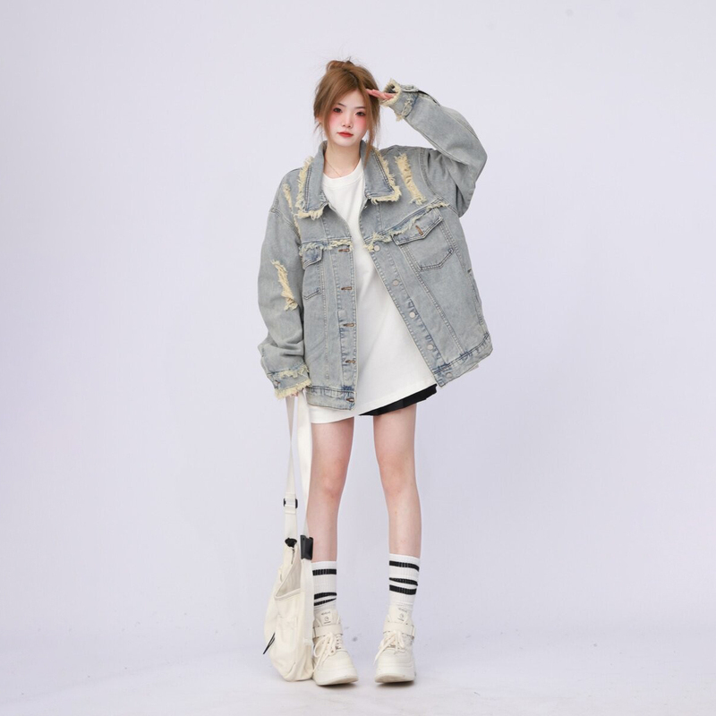 2026 New American High Street Oversize Workwear Washed Distressed Ripped Denim Jacket for Women Spring and Autumn Jacket 2026 New American High Street Oversize Workwear Washed Distressed Ripped Denim Jacket for Women Spring and Autumn Jacket