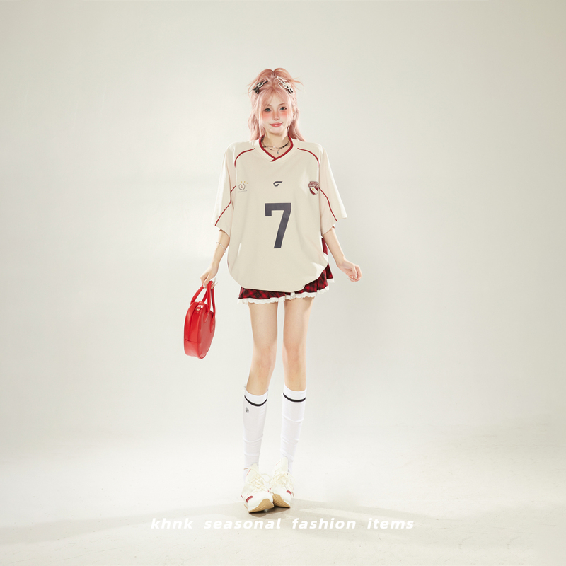 American-Style Color-Blocked Loose Oversize Baseball Collar Short-Sleeve T-Shirt for Women, Summer Couple Style Baseball Uniform Top