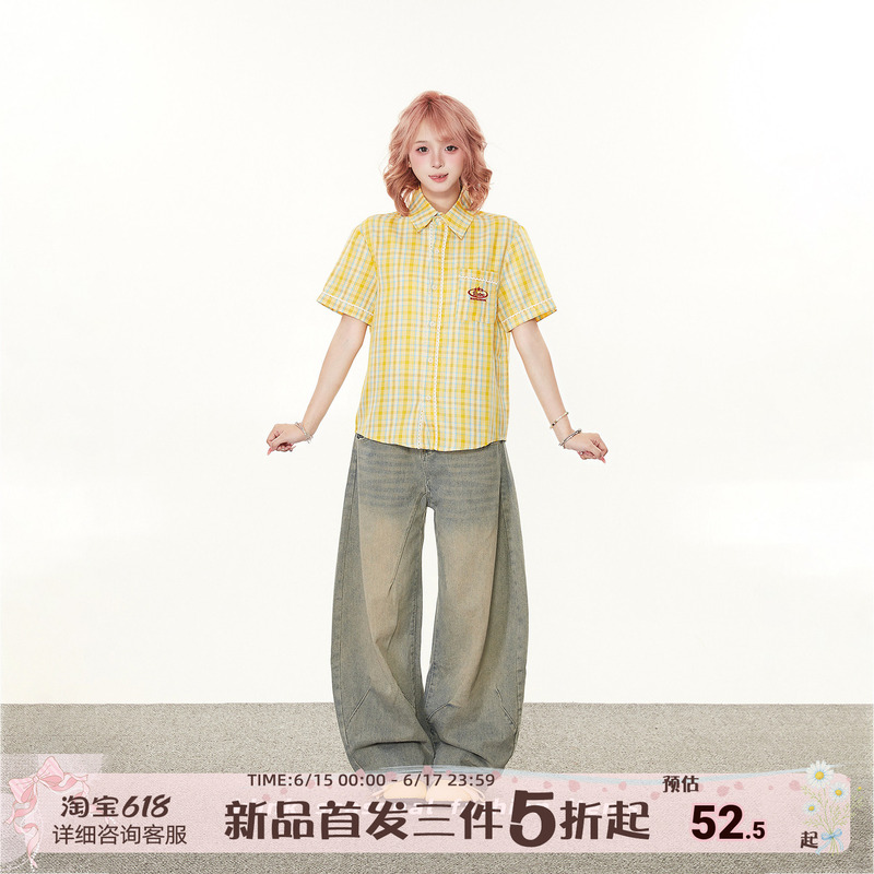 Academy-Style Lace Plaid Shirt for Women, Short-Sleeved, Yellow, Slim-Fit, Youthful Dopamine Shirt, Casual Top for Summer
