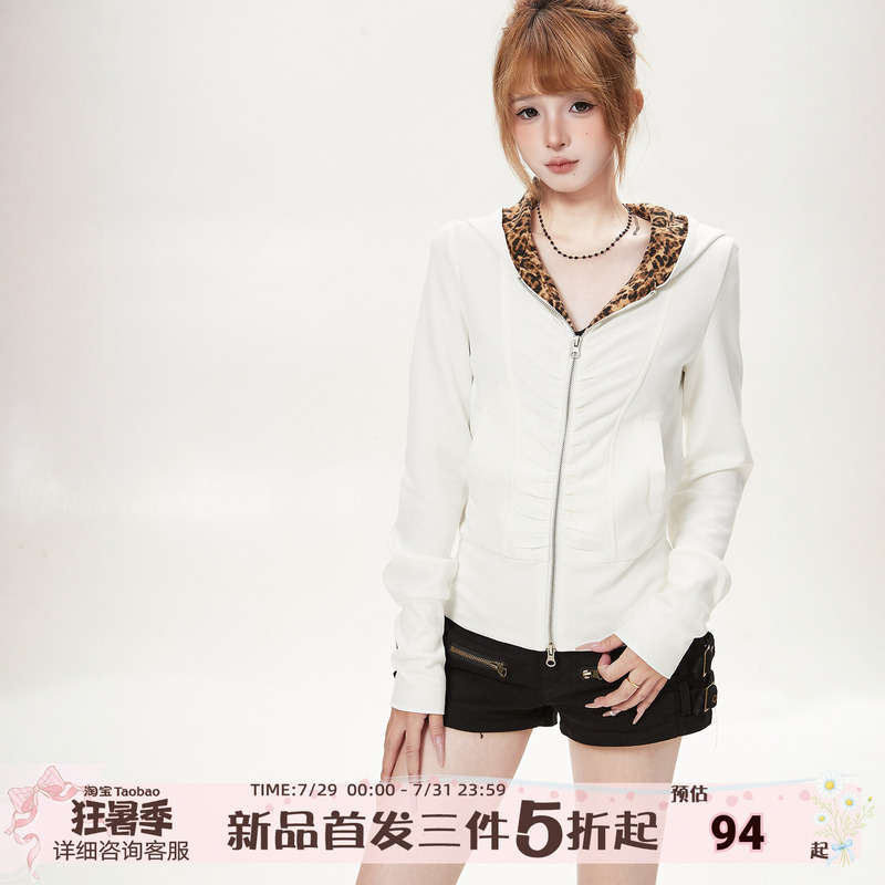 Little Ant American Retro Style Faux Two-Piece Hooded Jacket for Women, Autumn Leopard Print Patchwork Design Jacket