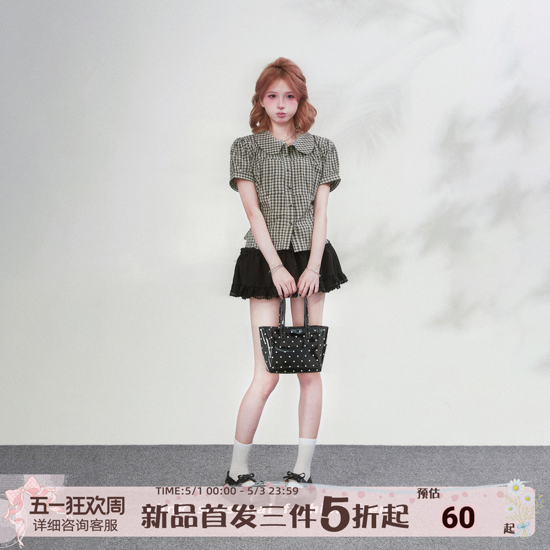 Academy-Style Plaid Puff-Sleeve Shirt for Women, Summer Slim-Fit, Slimming Effect, Turn-Down Collar, Short-Sleeve, Doll Collar, Short Top