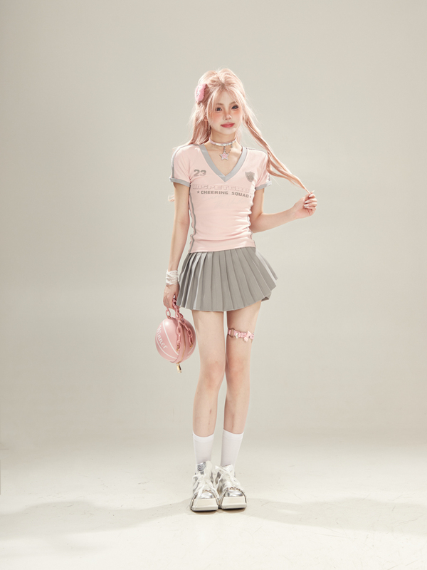 European and American High Street Sports Spliced Tight-Fitting Pink Short-Sleeved T-Shirt for Women, Summer 2026 New Pink Slim-Fit V-Neck Top