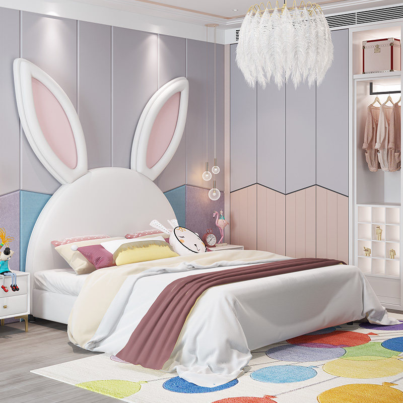Light Extravagant Solid Wood Children's Bed Girl Bedroom Princess Bed Small Family Type Tennis Red Creative Rabbit Bed Modern Minima Leather Bed-Taobao