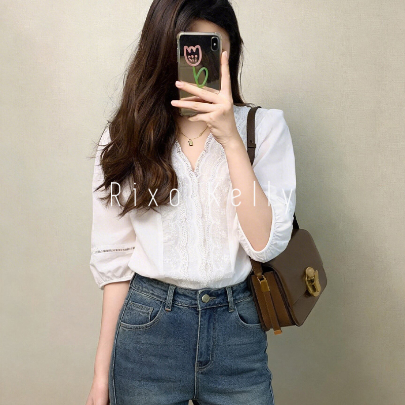 Rixo Kelly White Lace V-Neck Shirt Women's Summer New Style French Chic Beautiful Puff Sleeve Top