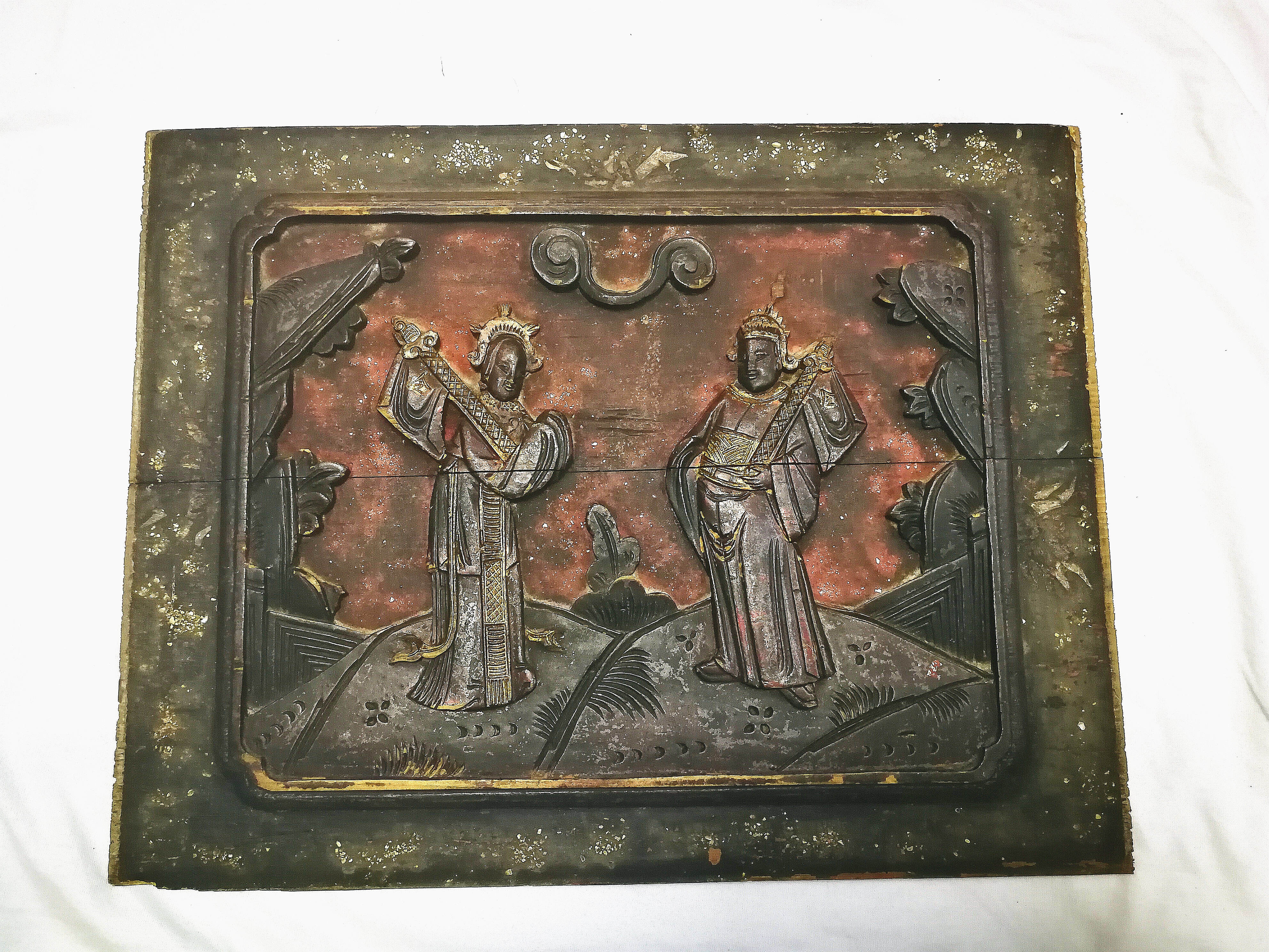 Tianyuan match character wood carving old flower board Qing Dynasty faded flying gold double plate splicing