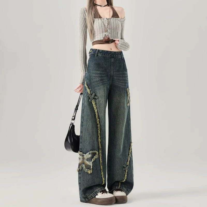 American-Style Side-Zip Wide-Leg Jeans for Women, 2026 New Model with Butterfly Embroidery Design, Loose Fit, Slimming Straight Pants