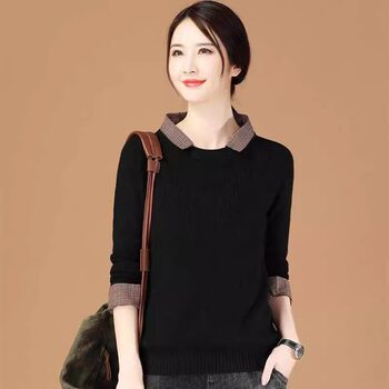 Spring, Autumn and Winter 2024 New Style Doll Collar Top, Trendy and Stylish Base Sweater, Knitted Sweater, Fake Two-Piece Sweater for Women