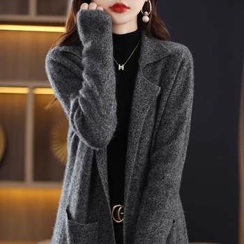 2024 Autumn and Winter Hot-Selling Fashionable Mid-Length Cashmere Cardigan Women's Lapel Sweater Loose Wool Knitted Jacket