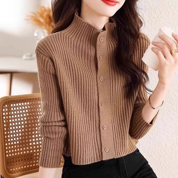 Korean Style Half-High Collar Elegant Gentle Knitted Cardigan for Women, Autumn and Winter Short Solid Color Versatile Slim-Fit Sweater Coat