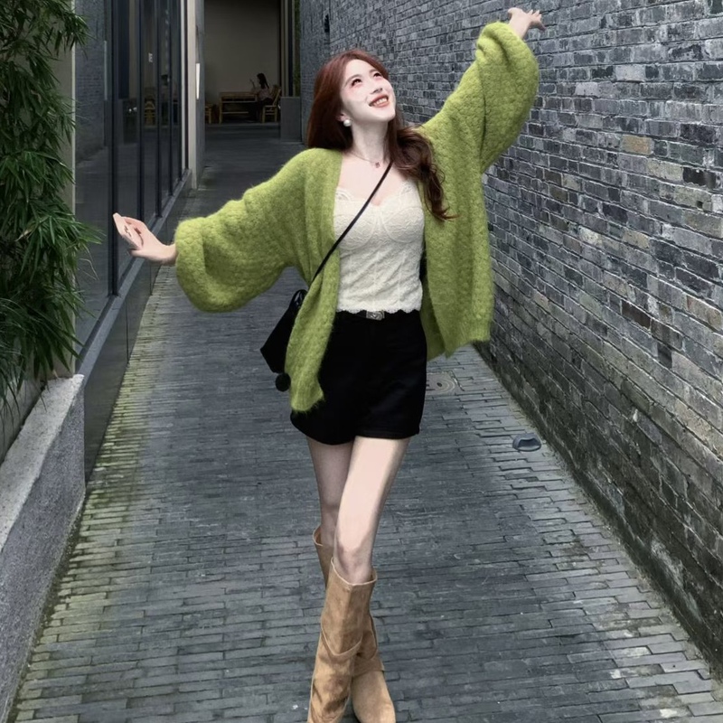 Lazy Korean Style ~ Mustard Green Pineapple Pattern Puff Sleeve Sweater Cardigan for Women, V-Neck, Loose, Casual, Buttonless Knitwear