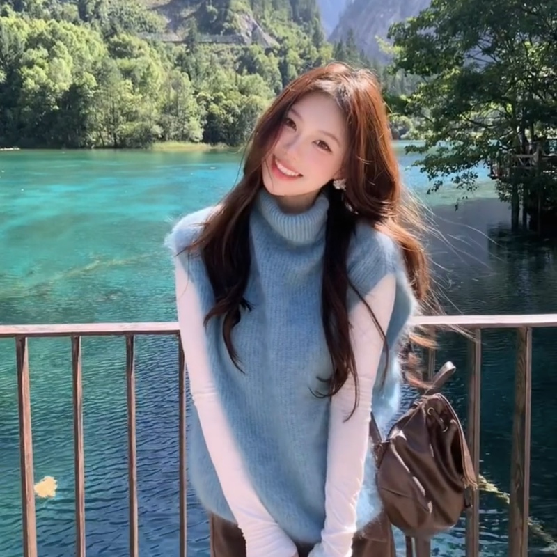 Sea Salt Blue ~ Stylish Layered Fuzzy Versatile Blue Turtleneck Knit Vest for Women 2026 Korean Women's Early Autumn Outfit Sea Salt Blue ~ Stylish Layered Fuzzy Versatile Blue Turtleneck Knit Vest for Women 2026 Korean Women's Early Autumn Outfit