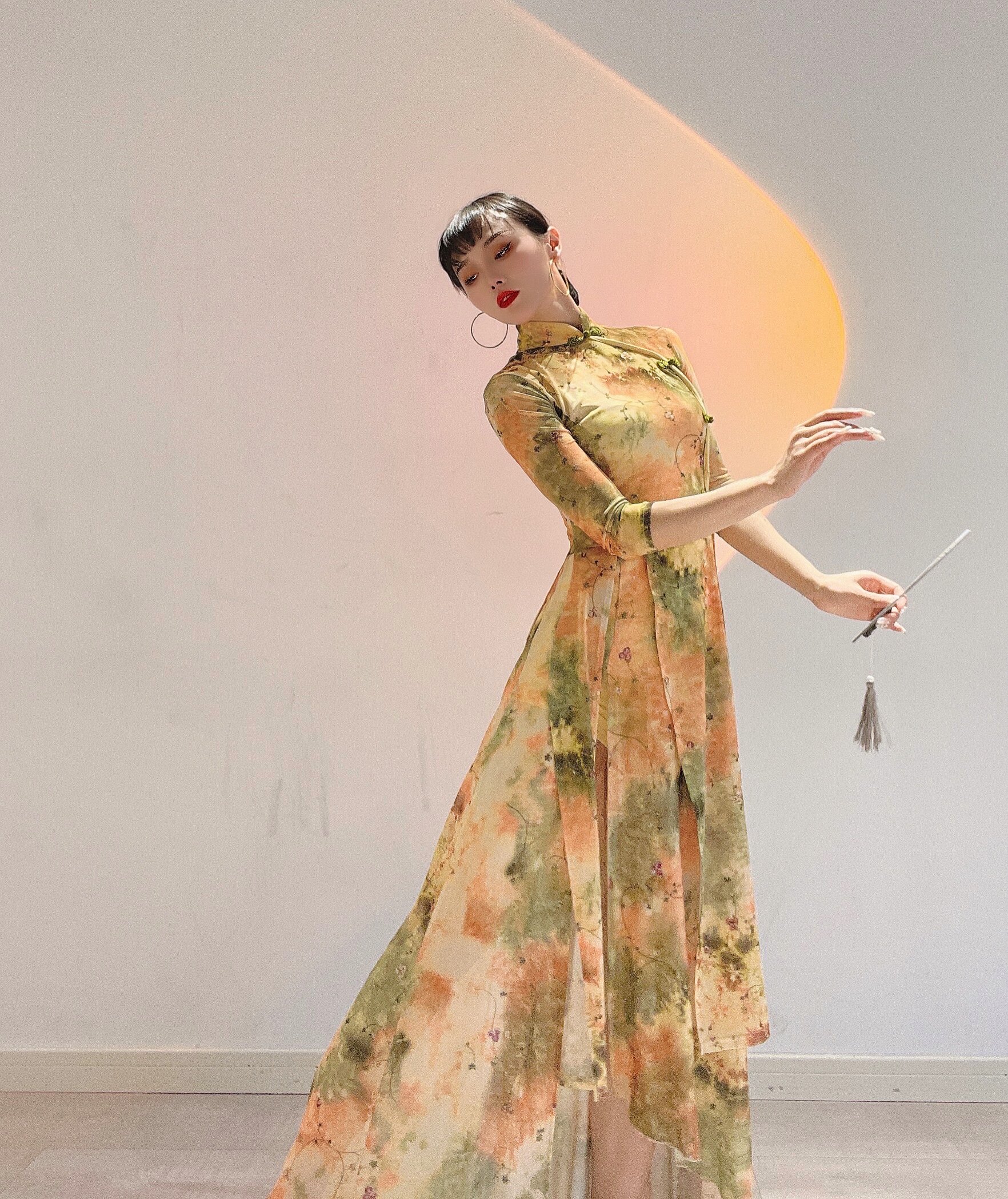 SOSO original classical dance cheongsam amorous gauze skirt long sleeve Chinese summer spring March thin coat long skirt