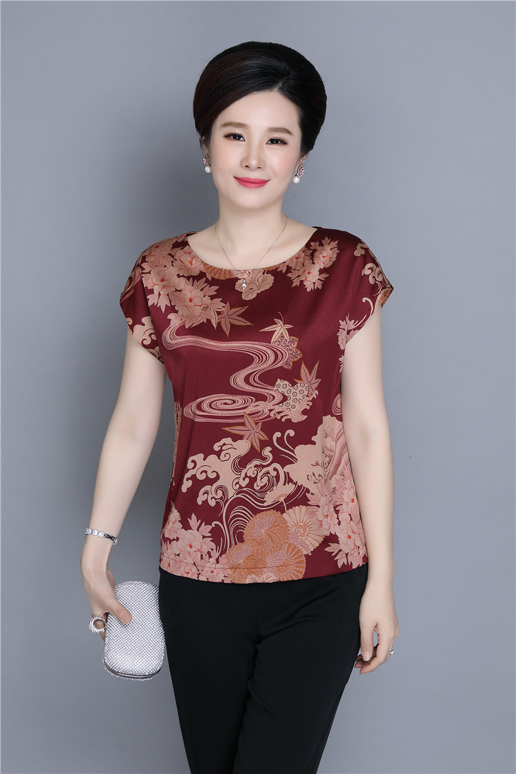 Sennu 2018 mới B21 lụa lụa ngắn tay áo sơ mi của phụ nữ in vòng cổ lụa lỏng mẹ ăn mặc những bộ đồ mặc nhà thanh lịch tuổi trung niên