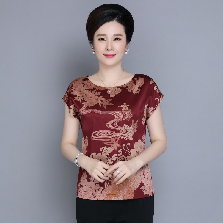 Sennu 2018 mới B21 lụa lụa ngắn tay áo sơ mi của phụ nữ in vòng cổ lụa lỏng mẹ ăn mặc những bộ đồ mặc nhà thanh lịch tuổi trung niên