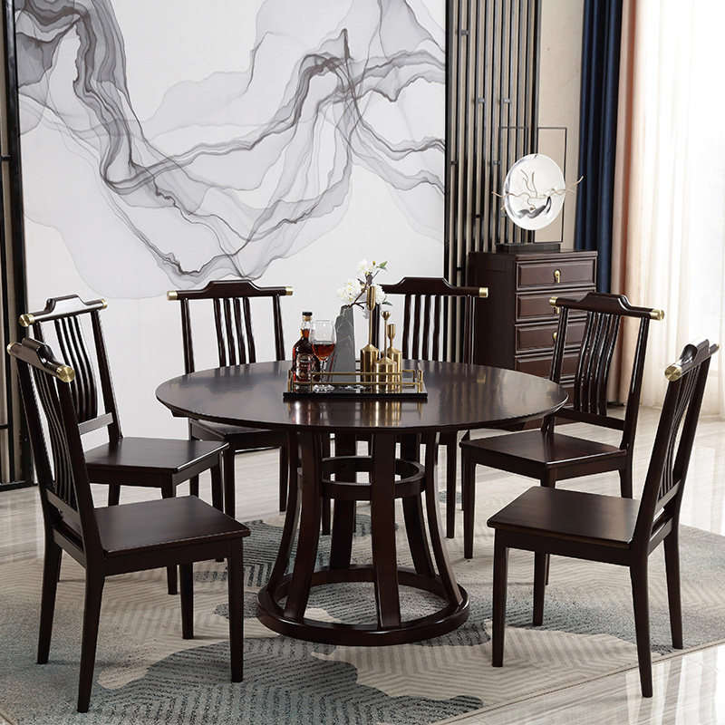 Full solid wood pure rubber wood dining room dining room New Chinese table dining chair turntable group of family with dining table size family type
