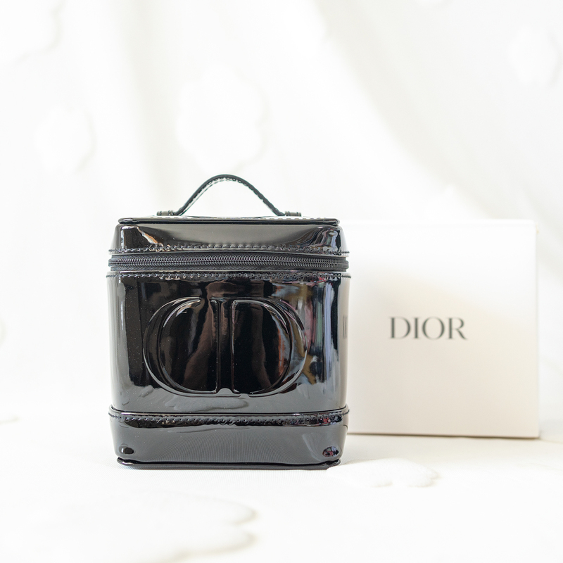 Dior Black Patent Leather Cosmetic Bag for Women, Portable Storage Bag, Box-Shaped Small Bag, Can Be DIY