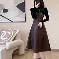 2025 new French retro leather skirt dress for women in autumn slim temperament suspender skirt high-end suit skirt