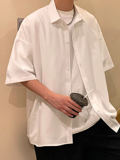 胖胖哥黑色短袖衬衫男款春夏季港风外穿半袖衬衣大码宽松休闲外套