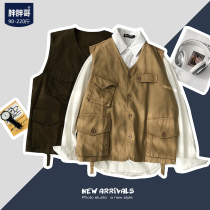 Fat fat brother vest ins spring and autumn Port wind loose Japanese coat mens trend large size vest horse clip overcoat