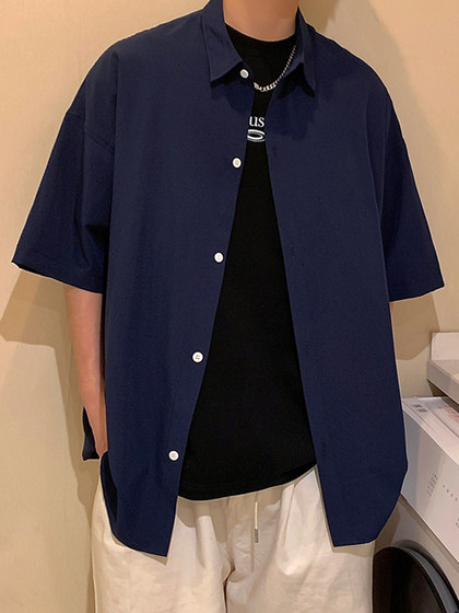 胖胖哥黑色短袖衬衫男款春夏季港风外穿半袖衬衣大码宽松休闲外套