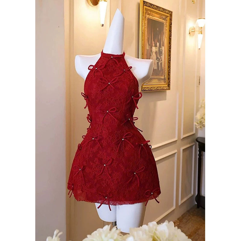 Gorgeous and Stunning Red Halter Neck Dress for Petite Women, High-End Evening Gown, Christmas and New Year Dress