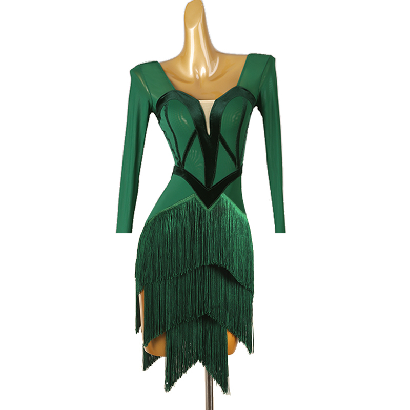 High-End Latin Dance Dress Long-Sleeved Latin Dance Performance Costume Fringe Style Art Exam Dance Costume Lq486