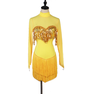yellow blue sequined tassels Latin Dance Dress for women girls rumba salsa performance costume tassel Latin Dance Dress 3-step jitba skirt