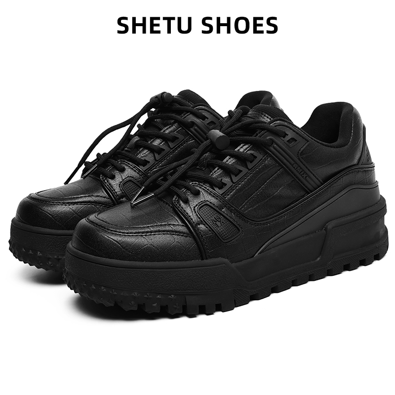 Shetoo Black Shoes, Small Black Shoes for Men and Women, Couple's Height-Increasing Casual Sports Black Warrior Sneakers, Thick-Soled Bread Shoes