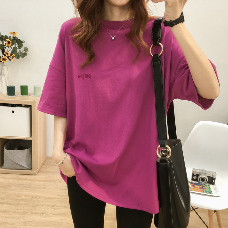 Korean round-collar embroidery letters long short-sleeved T-shirts large-scale summer pure cotton loose and thin tide tops
