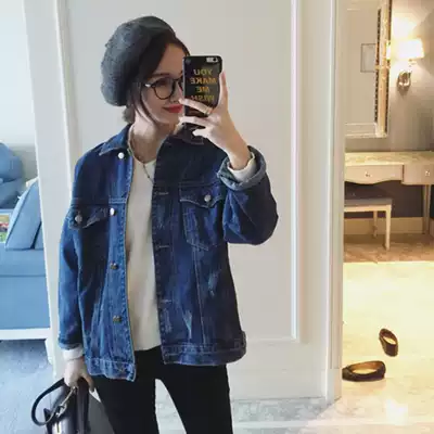 Korean bat sleeve denim jacket female loose student Korean bf style 2021 spring medium and long denim jacket all-match