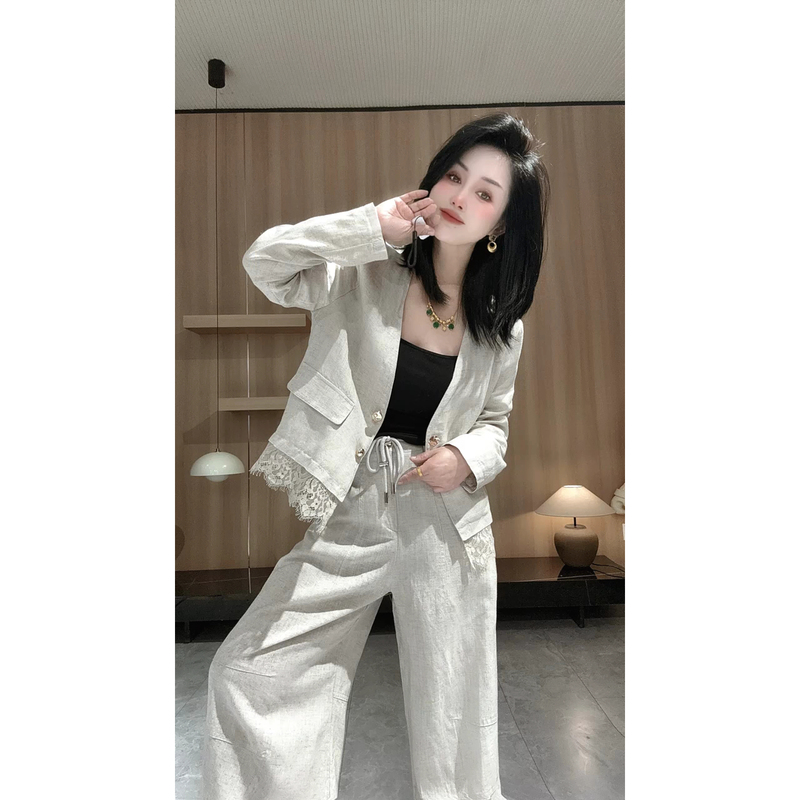 Light Luxury Style White Blazer and Wide-Leg Pants Set for Women, Spring and Summer, Slimming, High-End Two-Piece Set, Long-Sleeve, Long Pants, Trendy
