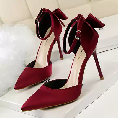 Sandals female ladyboy cross-dressing anti-string large size cd fun bow sexy 10cm pointed thin heel wrist high heels