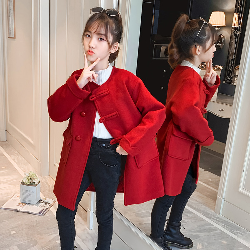 Girls' woolen coat winter clothing Korean version girl doll collar red woolen coat children's thickened medium-length children's clothing