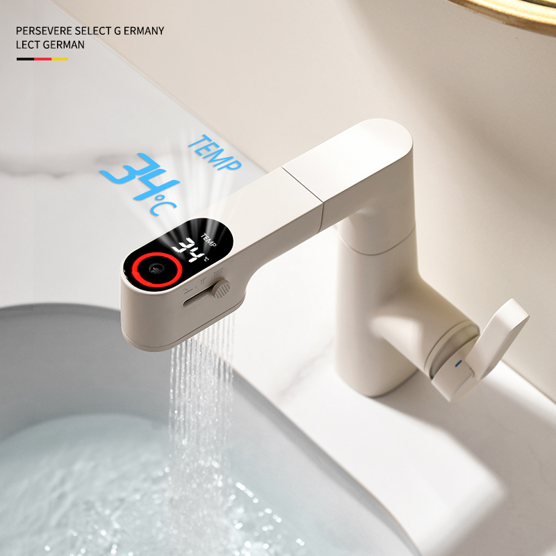 German Cream-Colored Pull-Out Lift-Up Mouthwash Faucet with Digital Display for Bathroom Sink, Hot and Cold Water Faucet