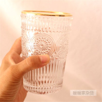 Retro style embossed sun flower phnom penh glass water cup Juice milk drink cup ins pen holder Makeup brush bucket