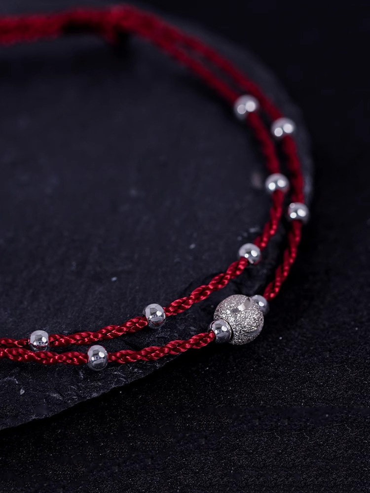 Silver Transfer Bead Anklet for Women 2025 New Trendy Red Rope Zodiac Year Handmade Woven Rope Non-Fading Foot Rope Leg Ring