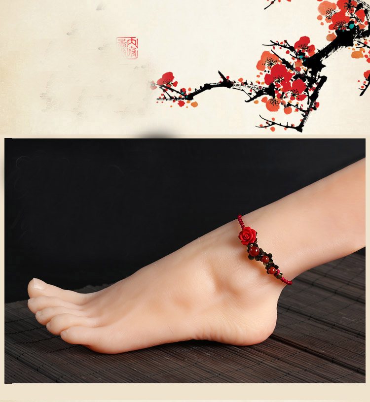 Trang sức tinh khiết vòng chân nữ sơn mài hoa hồng mã não đỏ tự nhiên phụ kiện đơn giản handmade dây đỏ phong cách retro - Vòng chân vòng chân bạc tây tạng