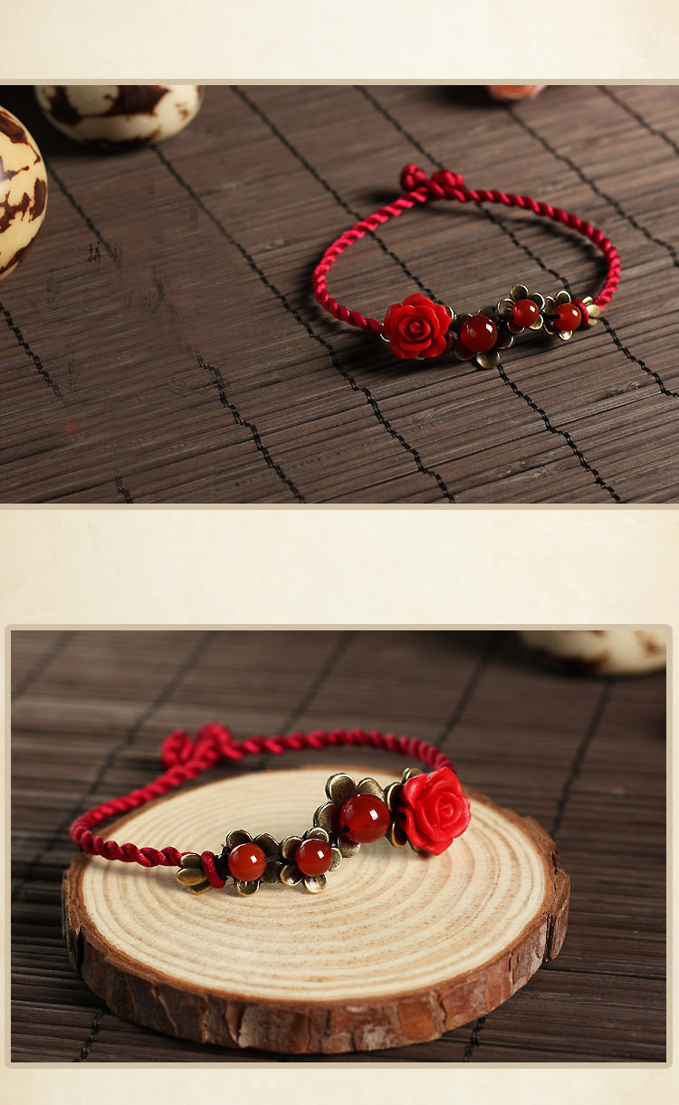 Trang sức tinh khiết vòng chân nữ sơn mài hoa hồng mã não đỏ tự nhiên phụ kiện đơn giản handmade dây đỏ phong cách retro - Vòng chân vòng chân bạc tây tạng