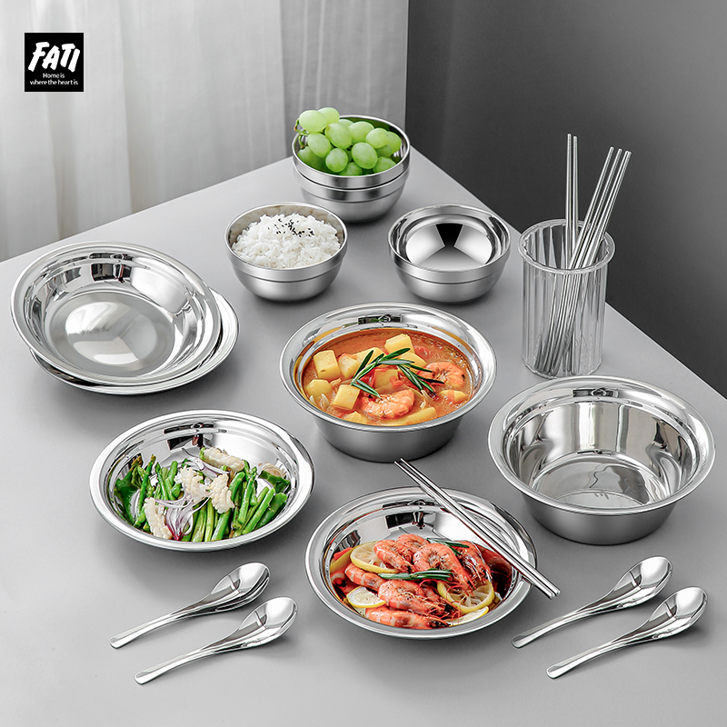 304ステンレス鋼のボウルとプレート食器セット中国スタイルの耐熱ボウル、箸、スプーン、プレートの厚みのあるボウルと皿スープボウルの組み合わせホーム