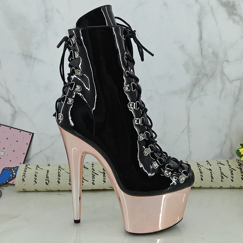 Leecabe New Hate Sky High Short Boots Steel Tube Dance Waterproof Bench Paint Leather Ultra High Heels Nightclub Walk Show 20CM2D