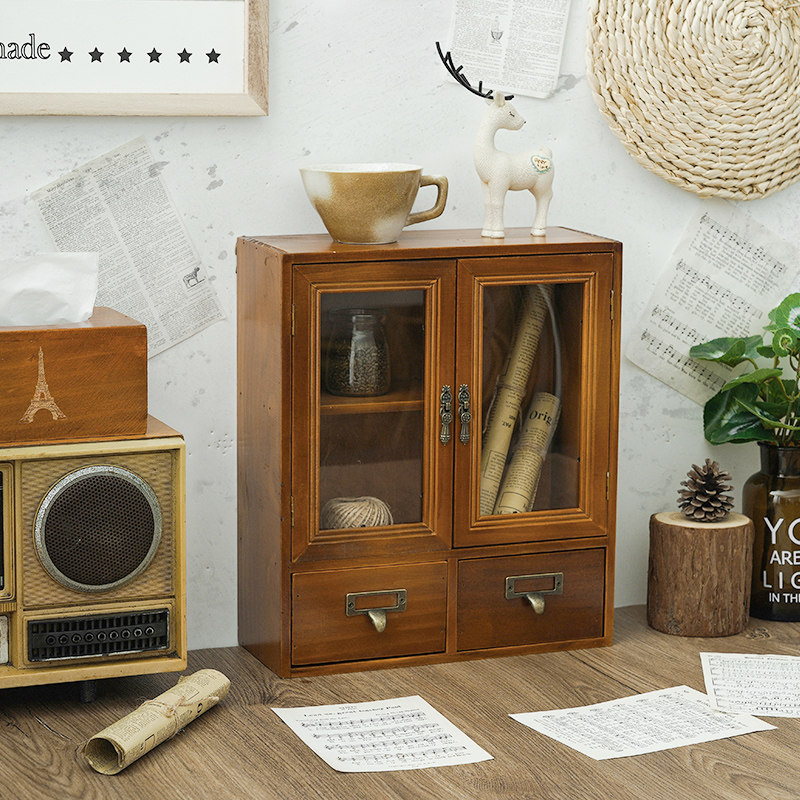 Day-style solid wood doing old retro glass Jewelry Cosmetic Finishing Drawer Cabinet Desktop Classification Seal Handbill Collection