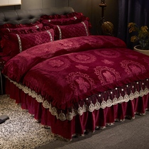 Warm padded crystal velvet bed skirt four-piece set of mens and womens flannel bedspread thickened duvet cover 1 8m bed coral velvet