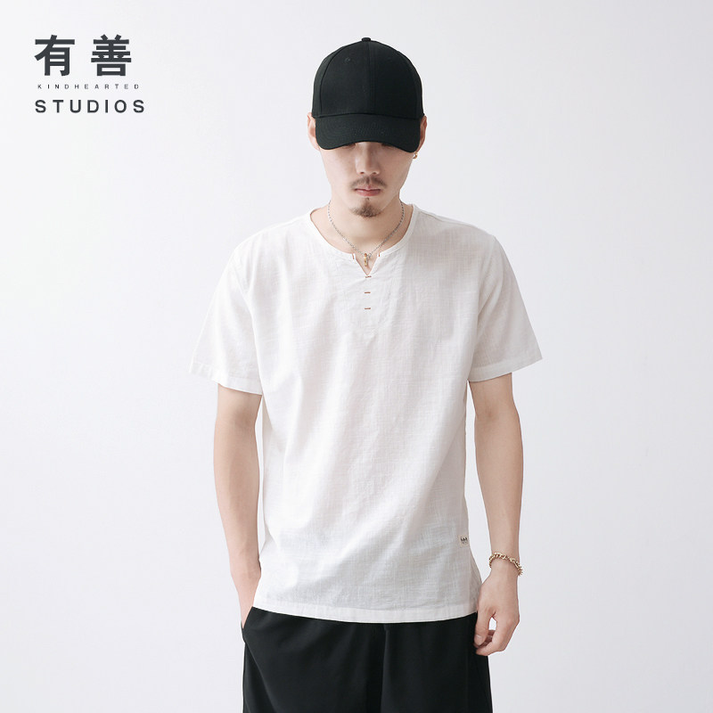 夏天宽松大码短袖亚麻T恤男薄款中国风男装复古棉麻料V领上衣服潮