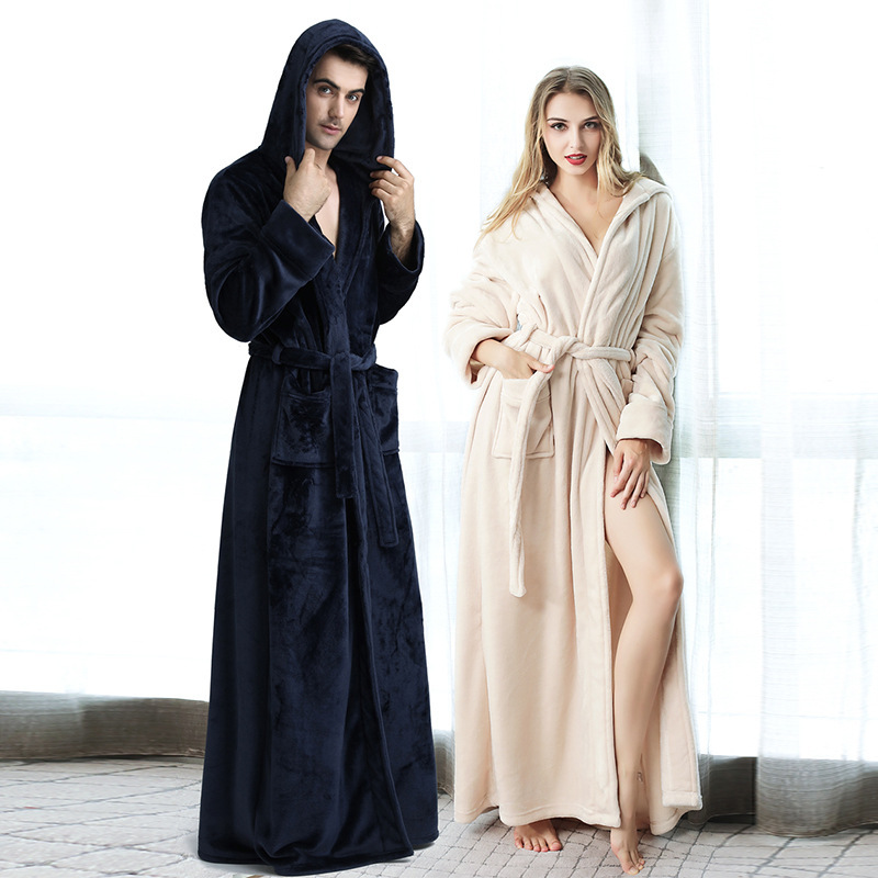 Autumn and Winter Thickened Coral Fleece Bathrobe for Women, Extra-Long to the Ankle with Hood, Men's Bathrobe, Morning Robe, Loungewear, Sleepwear