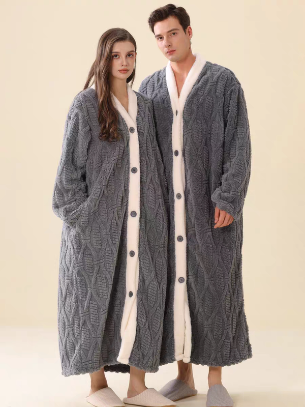 Women's Long Button-Down Robe, Can Be Worn Outside, Thickened Bathrobe, Couple's Pajamas, Coral Fleece Men's Loungewear, Long Robe for Winter Women's Long Button-Down Robe, Can Be Worn Outside, Thickened Bathrobe, Couple's Pajamas, Coral Fleece Men's Loungewear, Long Robe for Winter
