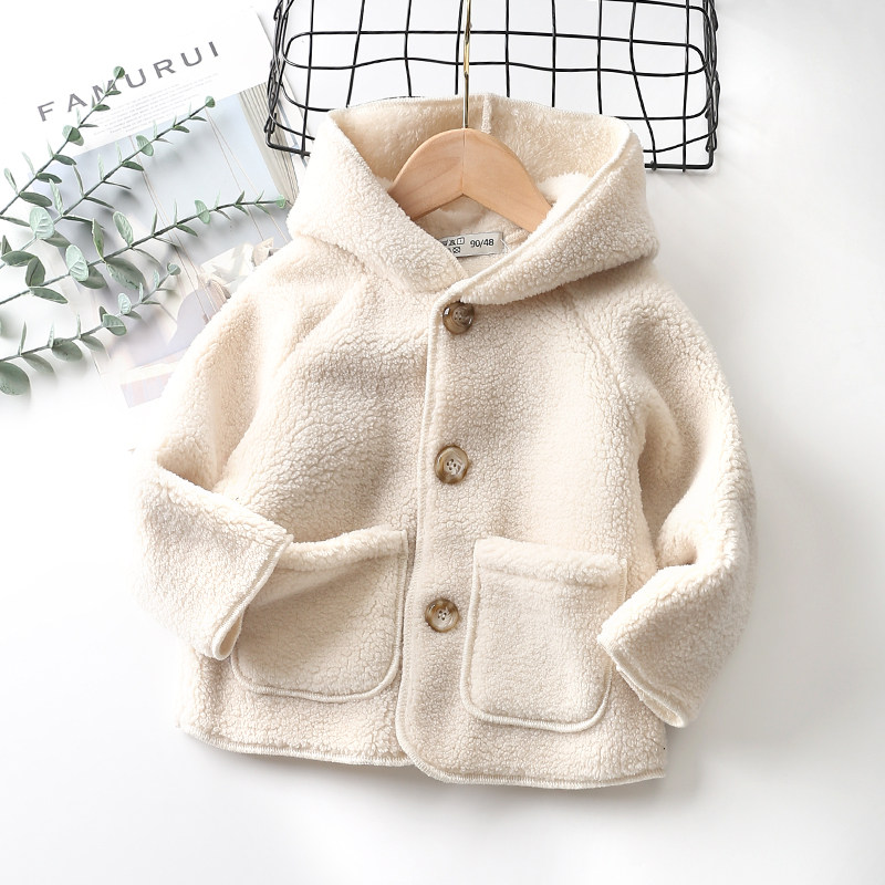 Early spring Children's woolen jacket male soft thickened lamb suede warm even hat blouses female baby cotton clothing 100 hitch