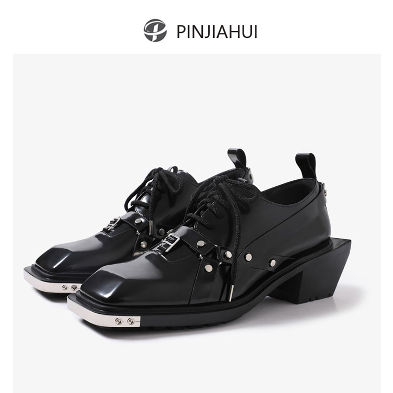 Pinjiahui Men's Dark Leather Lace-Up Square-Toe Derby Shoes Genuine Leather Small Leather Shoes with a Trendy Design for Men