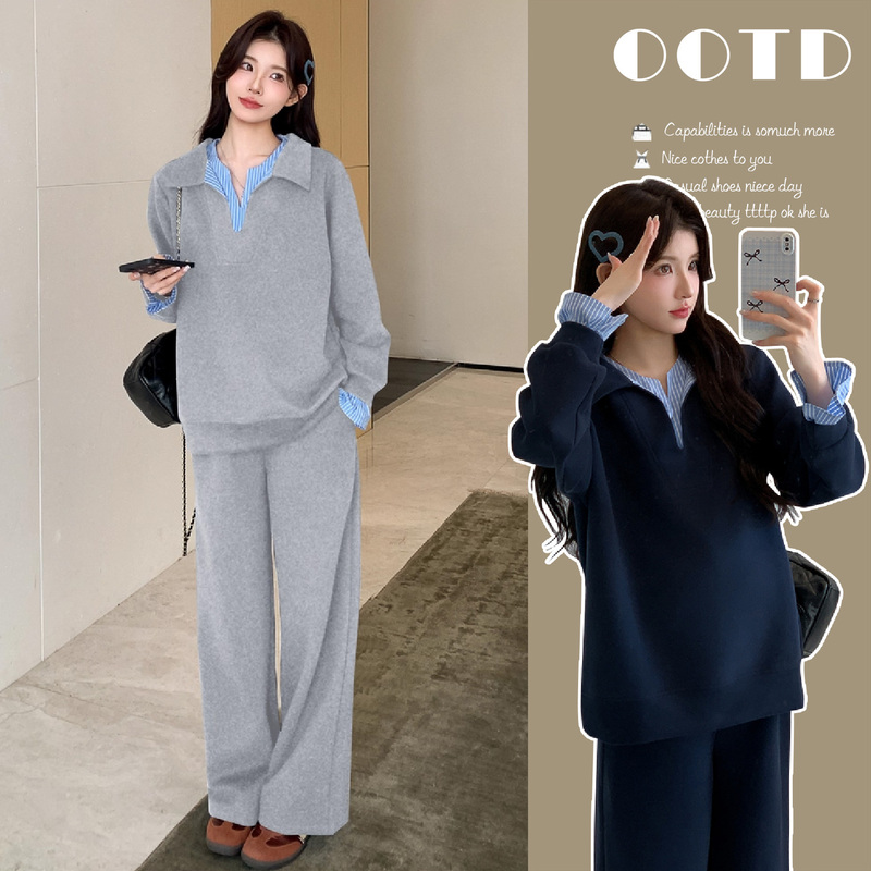 Maternity Suit 2026 New Autumn and Winter Fashion Fleece-Lined Thickened V-Neck Sweatshirt Cotton Pants for Pregnant Women with a High-End Feel