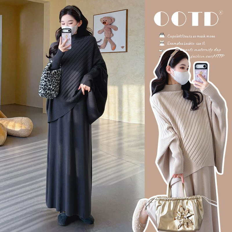 Maternity Wear Autumn and Winter Set 2026 New Style Asymmetrical Batwing Sleeve Sweater Skirt Lazy Style French Style Outfit for Women Maternity Wear Autumn and Winter Set 2026 New Style Asymmetrical Batwing Sleeve Sweater Skirt Lazy Style French Style Outfit for Women
