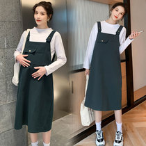 Pregnant women autumn suit tide net red fashion long-sleeved early autumn base shirt strap skirt Autumn and winter two-piece dress